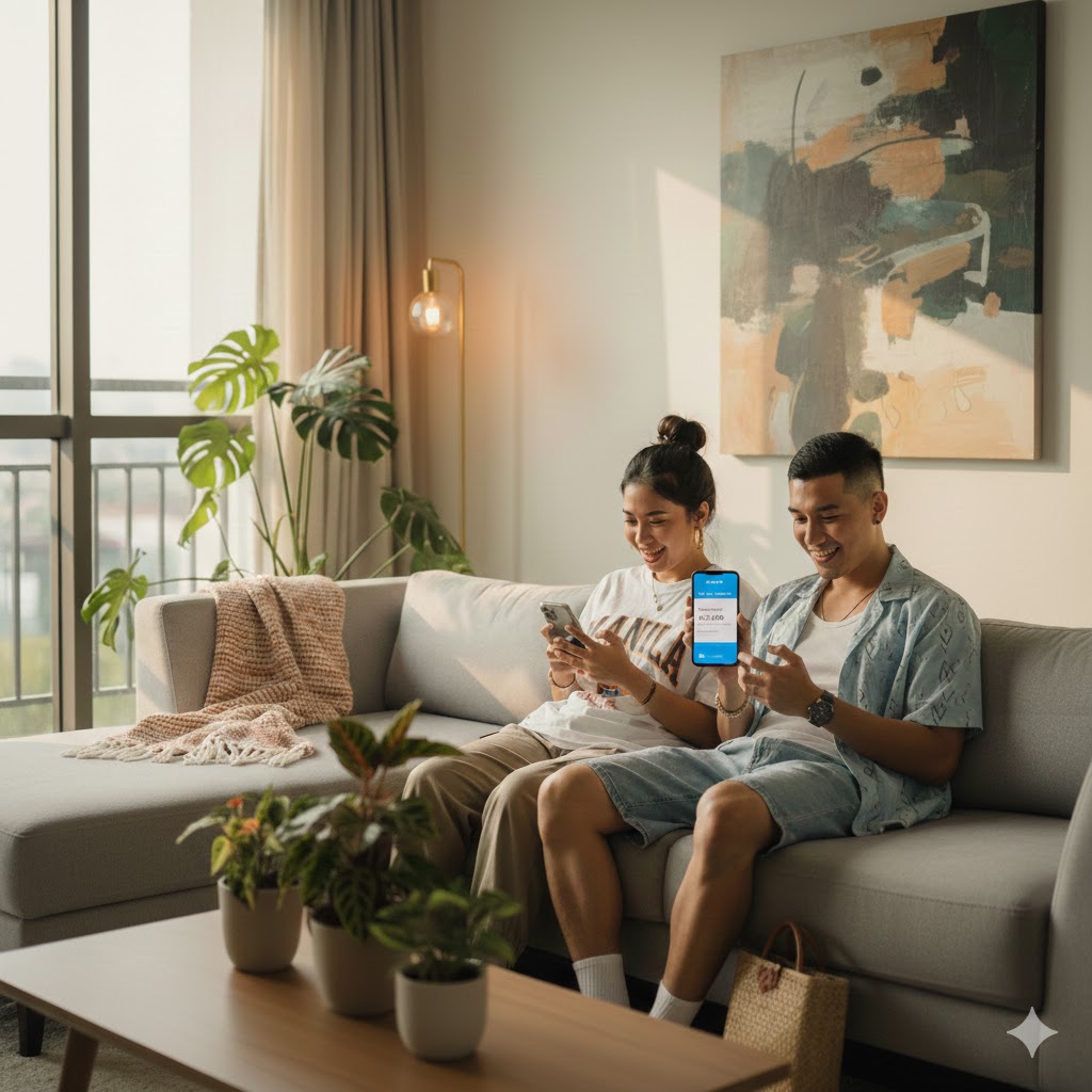 Happy Filipinos working from home on their phones